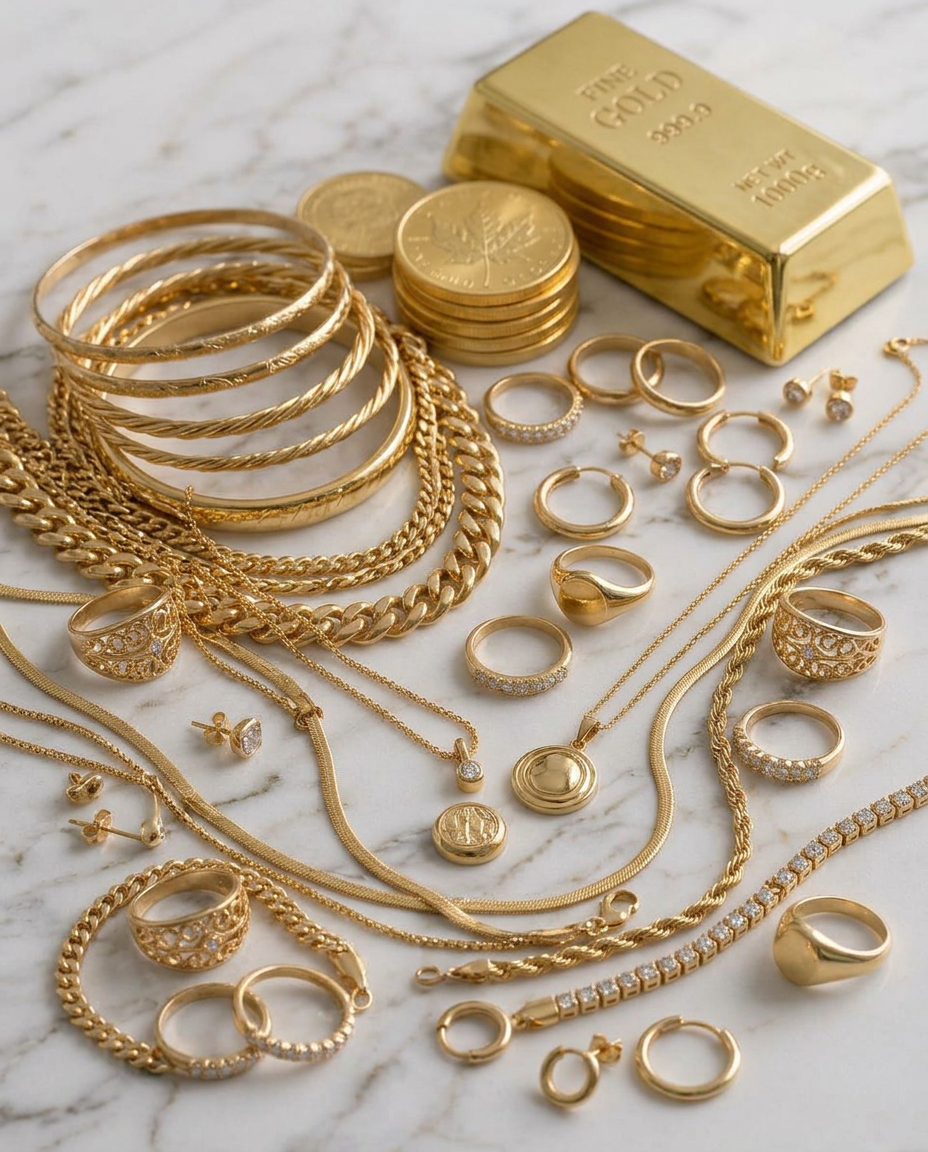 Stacked gold bullion bars and coins on pale marble